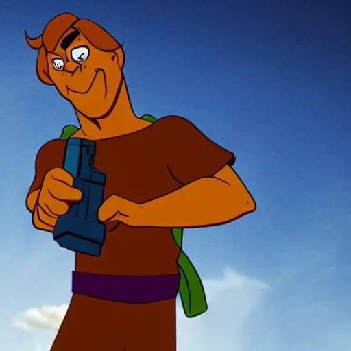 Image similar to scooby doo holding a gun, film still from the movie directed by denis villeneuve with art direction by bill ward, wide lens