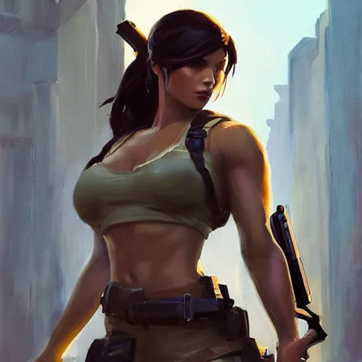 Image similar to greg manchess portrait painting of partially armored lara croft as overwatch character, close - up shot, asymmetrical, profile picture, organic painting, sunny day, matte painting, bold shapes, hard edges, street art, trending on artstation, by huang guangjian and gil elvgren and sachin teng