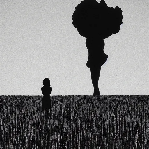 Image similar to cgi, monumental manga by chris van allsburg, by jennifer rubell. a art installation of a woman standing in a field of ashes, her dress billowing in the wind. her hair is wild & her eyes are closed, in a trance - like state. dark & atmospheric, ashes seem to be alive, swirling around.