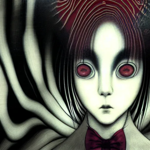 Image similar to yoshitaka amano blurred and dreamy realistic portrait of a woman with black eyes and white hair wearing dress suit with tie, junji ito abstract patterns in the background, satoshi kon anime, noisy film grain effect, highly detailed, renaissance oil painting, weird portrait angle, blurred lost edges, three quarter view