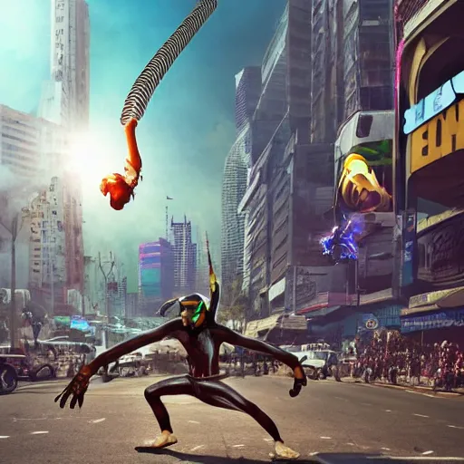 Image similar to gigantic building hovering above a city, long thick cables and trash hanging from underneath, smoke and thick dust in the air, rays of light, neon billboards and dried palmtrees in the streets, a mutant wrestler in fighter pose levitates in the center of the epic scene, scifi, illustration