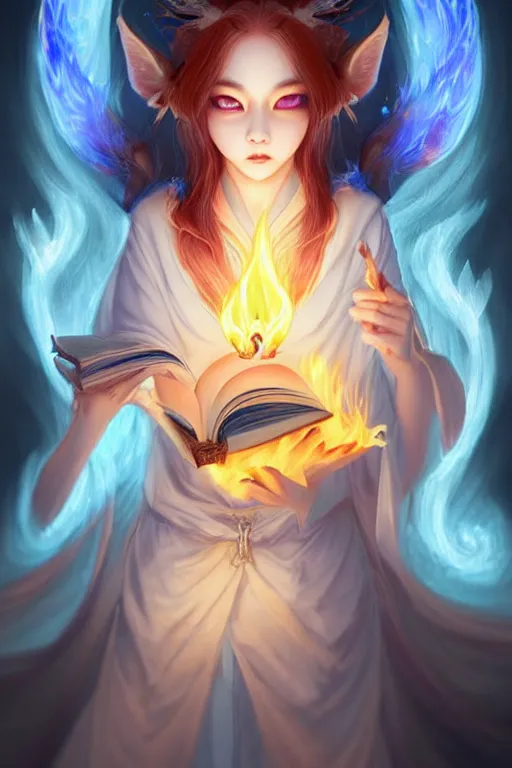 Image similar to gorgeous!!! hyper - realstic kitsune, divine, sorceress, holding a tattered magical book, casting a flame spell, blue flames | drawn by wlop, drawn by jeehyung lee, drawn by artgerm | fantasy, dark, intricate, highly detailed, digital painting, character design, concept art, illustration, artstation