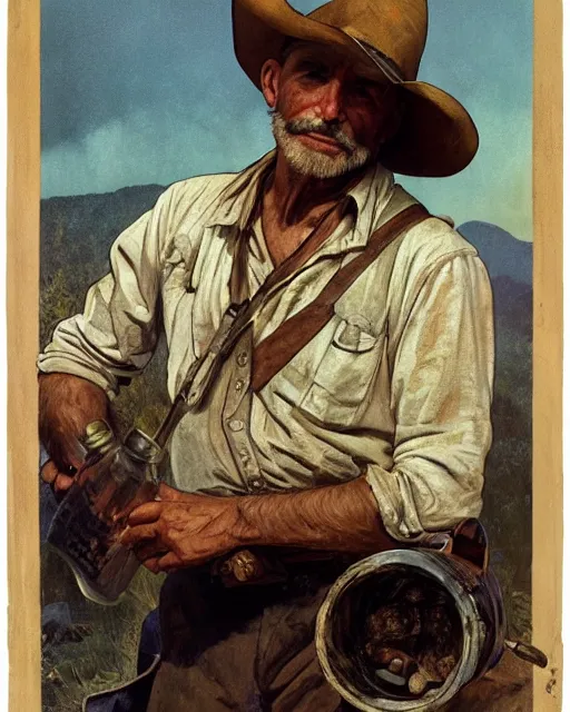 Prompt: medium shot portrait of an Appalachian bootlegger with detailed features and a moonshining still in the background, moonshine jars, dirt, Appalachian mountains, sharp focus, illustration, highly detailed, oil painting, matte, art by Greg Rutkowski and Alphonse Mucha, masterpiece