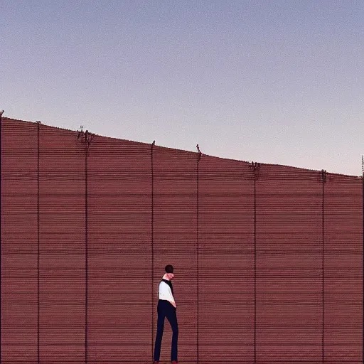 Prompt: a matte painting of a a man standing in front of a wire fence by emiliano ponzi, james gilleard, george ault, david hockney, minimalist, bauhaus, retrofuturism, postminimalism, concept art, matte background, matte drawing, magical realism