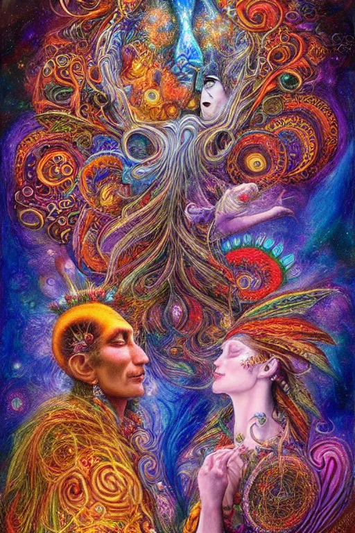 Image similar to two psychedelic shamans intertwined in a cosmic entanglement by Josephine Wall and Daniel Merriam, Artstation