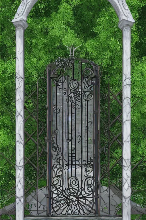 Image similar to beautiful digital painting high quality clear of wrought iron garden gate with a tranquil garden in the background and stone ground Aenami, artstation behance