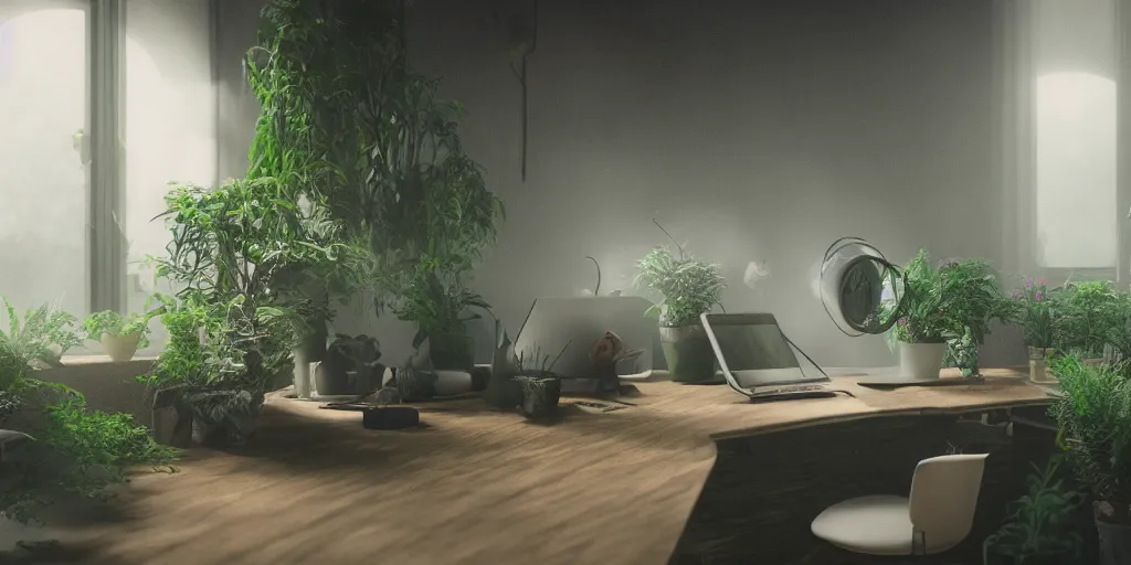 Prompt: cat desk office mirrors plants gloomy strange weird mist curious fish luminous bloom windows insect atmosphere sense awe 4 k 8 k render 3 d unreal engine 5 octane by nikolina petolas