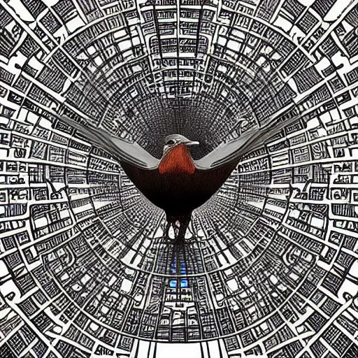 Image similar to a mechanical bird wren in the matrix contemplating the data science wired mandala, illustration by moebius and yoji shinkawa