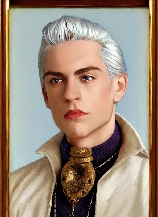 Prompt: close-up portrait of young white male wizard, with white hair shoulder length slicked back hair, with pearl necklace and pearl earing, in the museum, in white turtleneck shirt, painting in the museum, highly detailed, sharp focus, digital painting, artwork by Kinkade, by Victor Adame Minguez by Tom Lovell by Leyendecker by Sandro Botticelli