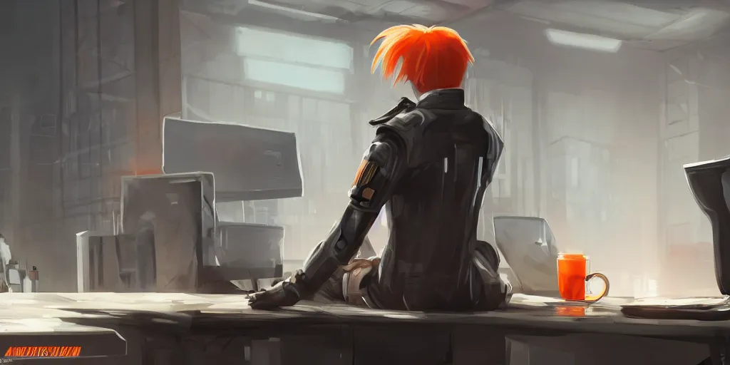 Image similar to An anonymous blonde guard seen from the back sitting in front of a cyberpunk dystopian desk with matrix falling orange text cyberpunk, artstation