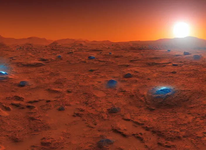Prompt: beautiful blue sunset on Mars, detailed digital art, blue lighting