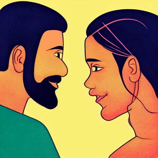 Image similar to perfectly centered symmetrical split male and female portrait of young indian man and woman in love sharing one heart. illustration, highly detailed, simple, no jagged lines, smooth, artstation, artwork by chip zdarsky