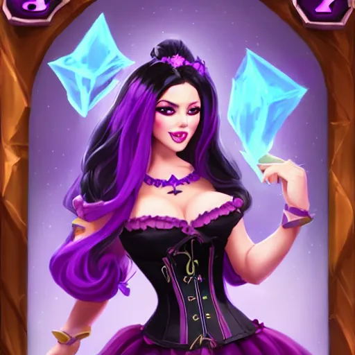 Image similar to a beautiful woman with long black hair, wearing a black corset top and a purple tutu, Hearthstone official splash art