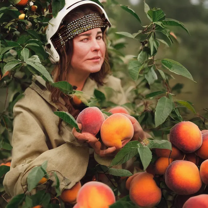 Image similar to a closeup portrait of a woman wearing a helmet made of beads, picking peaches from a tree, foggy, moody, photograph, by vincent desiderio, canon eos c 3 0 0, ƒ 1. 8, 3 5 mm, 8 k, medium - format print