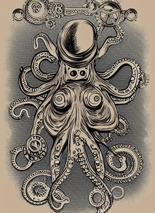 Image similar to steampunk octopus, hand drawn illustration, antique style poster, highly detailed vector art