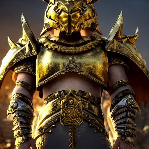 Image similar to 8k unreal engine render of a dragonborn paladin with golden scales from dungeons and dragons, fierce, symmetrical face, holy sword in his hands, gleaming armor, ancient persian city, insanely detailed, depth of field unreal engine ultra-wide angle lens, volumetric lighting, vivid color