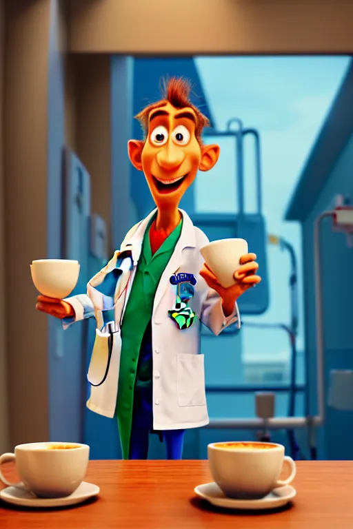 Image similar to portrait of the crazy doctor holding a cup of coffee, hospital in background, full body. pixar disney 4 k 3 d render funny animation movie oscar winning trending on artstation and behance. ratatouille style.