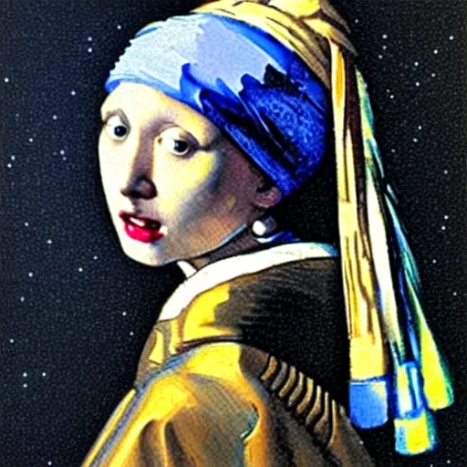 Image similar to girl with a pearl earring, in the style of the starry night by van gogh