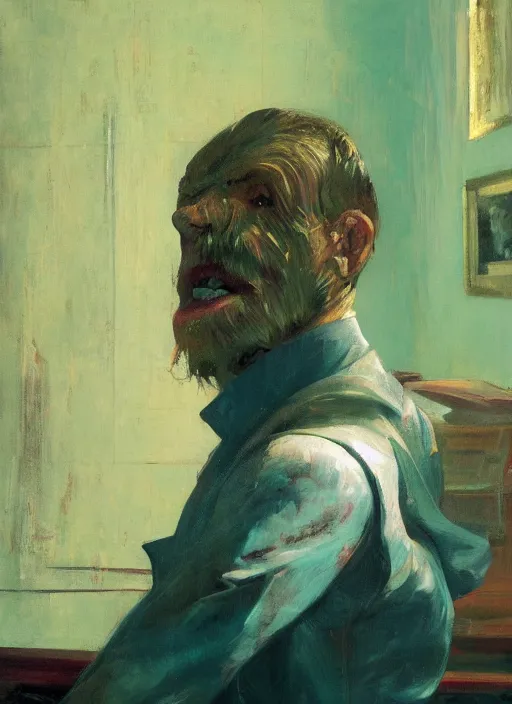 Prompt: he dreams of all the battles won, but fate had left its scars upon his face, depth of field, hauntingly surreal, highly detailed oil painting, by francis bacon, edward hopper, adrian ghenie, glenn brown, soft light, 8 k hd, cinematic composition, cinematic lighting in red, green and blue colours