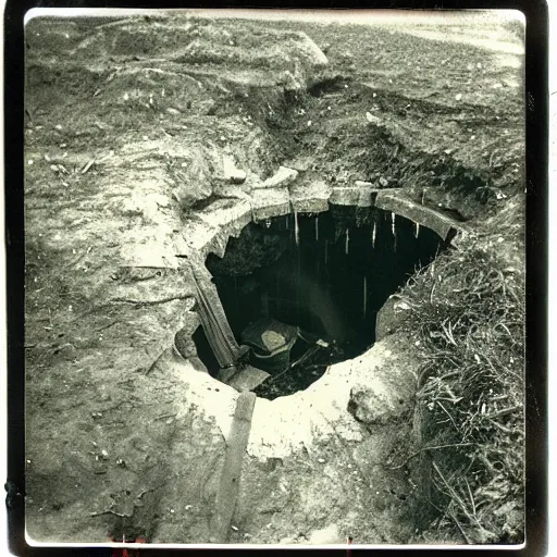 Image similar to looking over the edge of a wide mine shaft with water flowing down the walls into a dark hole, creepy, eerie, unsettling, terrifying, jagged rocks, dark, old polaroid, expired film,