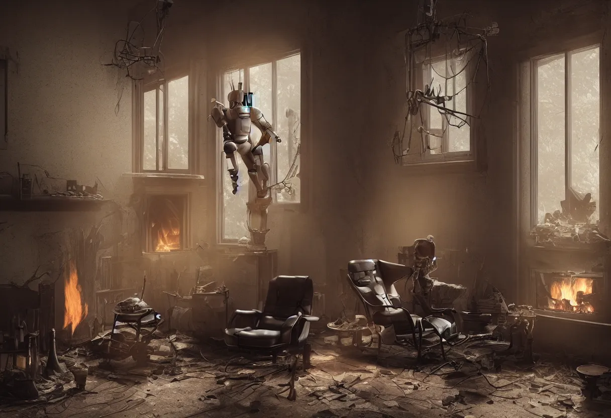 Prompt: An intimate closeup portrait photograph of a solitary futuristic robot sitting on a frayed recliner in front of a beautiful fireplace with a cozy fire, in a dilapidated steampunk Victorian home, soft morning light seeping in a window, with cinematic lighting and lens flare, tall ceiling, octane render, cgsociety, by Simon Stalenhag and Alfonso Cuaron, highly detailed close shot , award-winning highly detailed 8k anamorphic Arri Alexa Cooke cinematic movie photograph