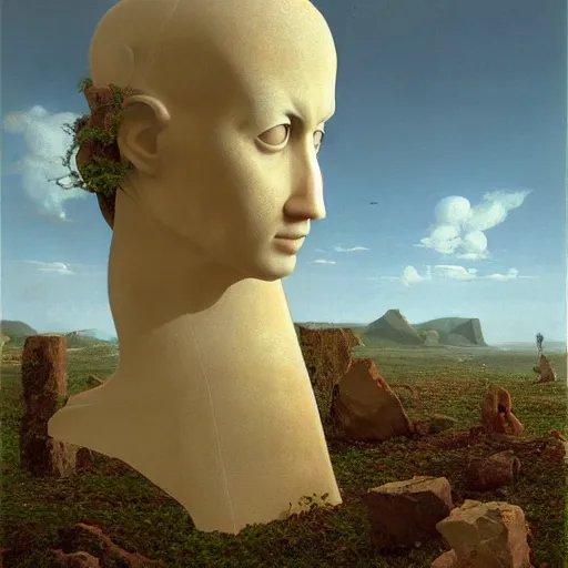 Image similar to hyperrealistic surrealism, David Friedrich, award winning masterpiece with incredible details, Zhang Kechun, a surreal vaporwave vaporwave vaporwave vaporwave vaporwave painting by Thomas Cole of a gigantic broken mannequin head sculpture in ruins, highly detailed, trending on ArtStation