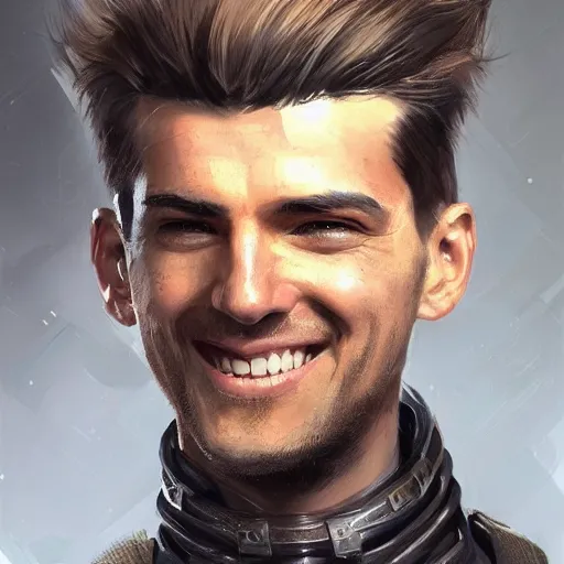 Prompt: portrait of a man by greg rutkowski, he is about 3 0 years old, mixture between german and turkish, copper quiff hair, uncanny smile, very tall and slender, he is wearing a futuristic police gear, highly detailed portrait, digital painting, artstation, concept art, smooth, sharp foccus ilustration, artstation hq