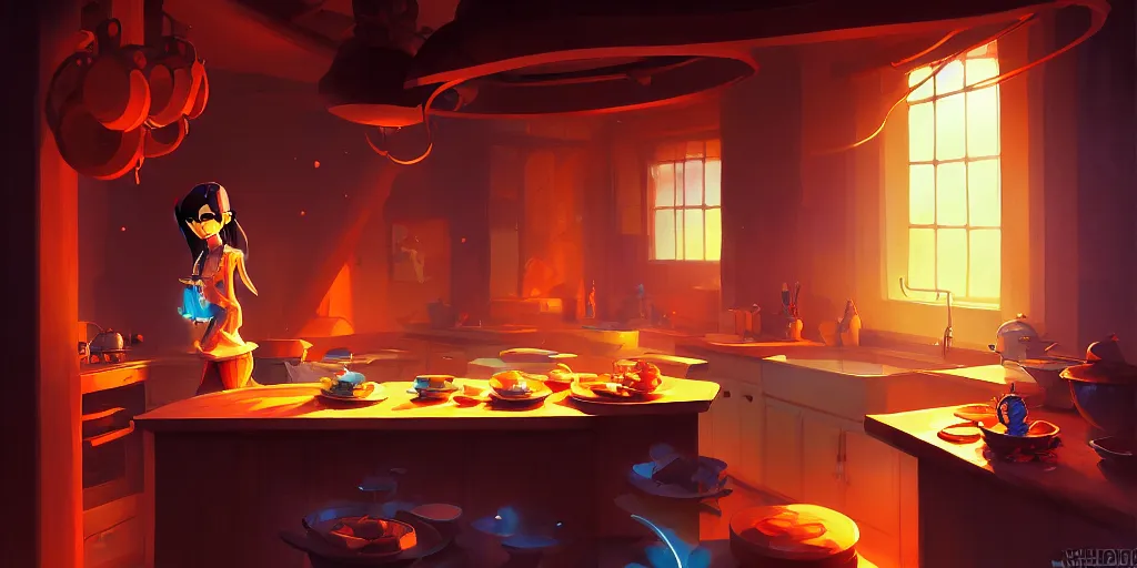 Prompt: naive nerikomi, weird perspective, extra narrow, detailed illustration of a kitchen lit by flashlight in a scenic spiral environment by jesper ejsing, by rhads and makoto shinkai