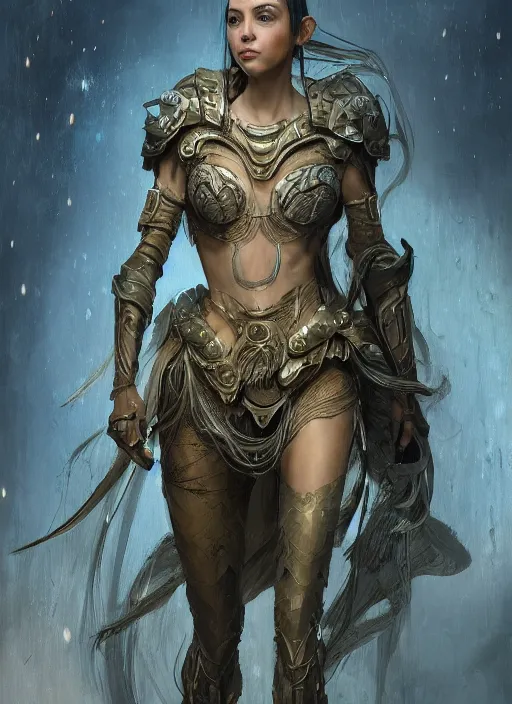 Image similar to a professional portrait of a beautiful young female, clothed in ethereal battle armor, olive skin, long dark hair, beautiful bone structure, symmetrical facial features, intricate, elegant, digital painting, concept art, smooth, sharp focus, finely detailed, illustration, from Valerian and the City of a Thousand Planets, in the style of Ruan Jia and Mandy Jurgens and Artgerm and Greg Rutkowski and William-Adolphe Bouguerea