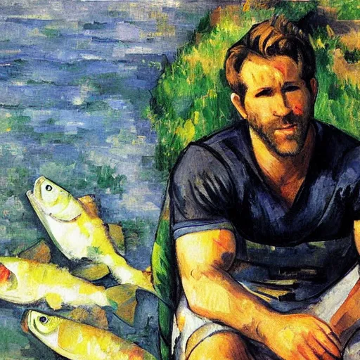 Image similar to ryan reynolds fishing from a pier in vancouver, painted by cezanne