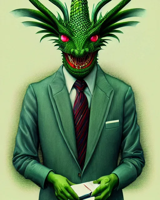 Image similar to anthropomorphic art of a businessman dragon, green dragon, portrait, 1 9 8 0 s business fashion, patrick bateman, american psycho, victo ngai, ryohei hase, artstation. fractal papers and books. highly detailed digital painting, smooth, global illumination, fantasy art by greg rutkowsky, karl spitzweg