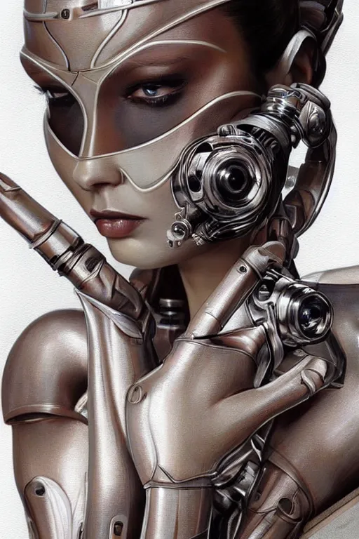 Image similar to Photorealistic illustration, fashion show with cyborg , with fashion clothe, six digital eyes by sorayama , sci-fi, futuristic, intricate, elegant, highly detailed, digital painting, artstation, concept art, smooth, sharp focus, art by artgerm, sorayama, greg rutkowski and alphonse mucha