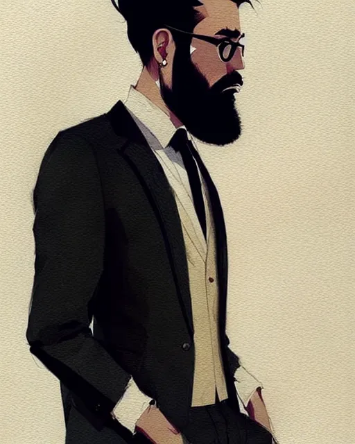 Image similar to a ultradetailed portrait painting of a stylish bearded man wearing suit outfit, by conrad roset, greg rutkowski and makoto shinkai trending on artstation