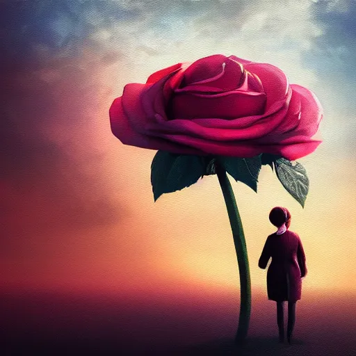 Prompt: closeup, huge rose flower head, frontal, a girl in suit, surreal photography, sunrise, dramatic light, impressionist painting, digital painting, artstation, simon stalenhag
