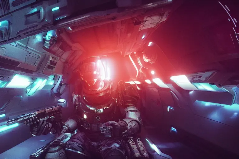 Image similar to VFX movie of a futuristic inhuman alien spacemarines in future spaceship, firing gun at space pirates detailed creature skin neon lighting by Emmanuel Lubezki