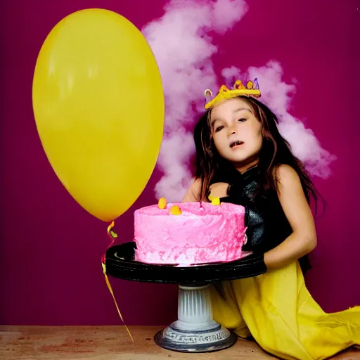 Image similar to dark angel throwing a yellow - pink - black birthday cake from the clouds onto a girl with two dogs, kodak film