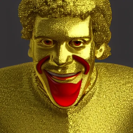 Image similar to A still of Ronald McDonald surrounded by gold and diamonds, Award-winning, photograph, 3d render, unreal engine, 4k detailed