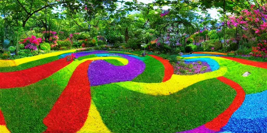 Image similar to equirectangular view of a rainbow garden