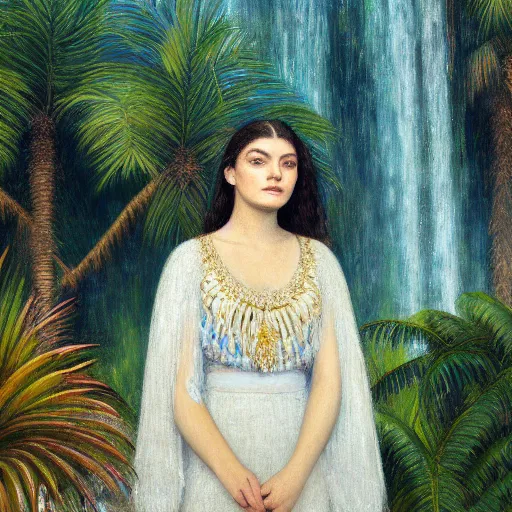 Image similar to a ultradetailed beautiful painting of lorde standing in front of the diamonds waterfall in the amazonas palace balustrade designed by jules bastien - lepage, tarsila do amaral, frank weston and gustave baumann, beach, trending on artstation, mediterranean, palm trees, sharp focus, soft light, 8 k 4 k