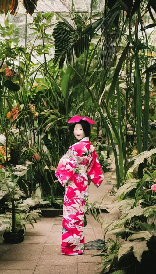 Prompt: photograph of a beautiful Japanese woman wearing a pretty kimono in a tropical greenhouse, by Annie Leibowiz, extremely detailed, large format camera, Fuji Provia, bokeh, photorealistic, trending on artstation, trending on instagram
