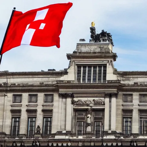 Prompt: a new official flag for a country, simple, minimalist, mixing Switzerland flag and France flag