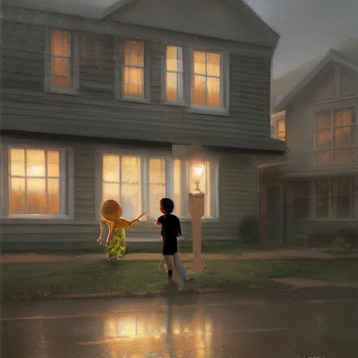 Prompt: Greyscale suburban world, a young boy hangs a shirt on a clothesline on the second floor window, while a young girl watches him from the sidewalk, by thomas kinkade, trending on artstation