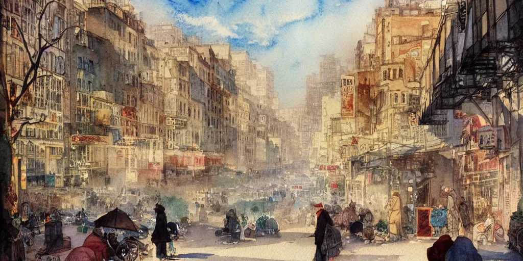Prompt: a hiper intricate watercolor of a beautifull low angle wide shot, modern street scene, extremely detailed, sharp focus, wide view, smooth, digital illustration, colorfull, by william turner art, by greg rutowski, by carl larson, by edmund dulac
