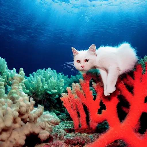 Image similar to a cat under water dives through a coral reef, 8k photography