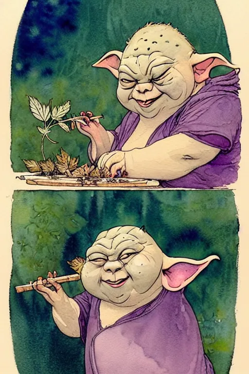 Image similar to a realistic and atmospheric watercolour fantasy character concept art portrait of a fat yoda with pink eyes giggling and holding a blunt with a pot leaf nearby, by rebecca guay, michael kaluta, charles vess and jean moebius giraud