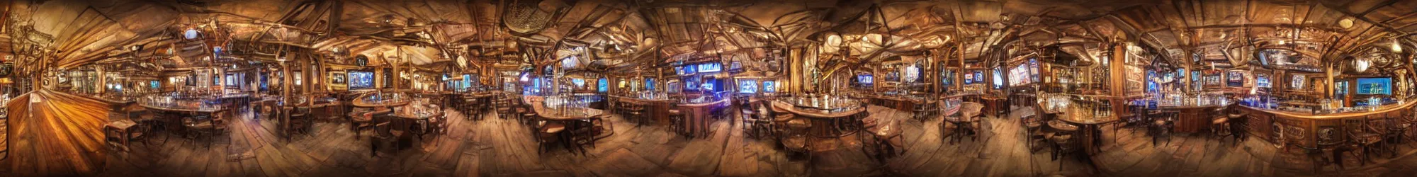 Prompt: wide angle view of a realistic steampunk nightclub bar,interior, 3d stereoscopic equirectangular 360, fov 90 degrees, horizon centered, yaw 0 degrees