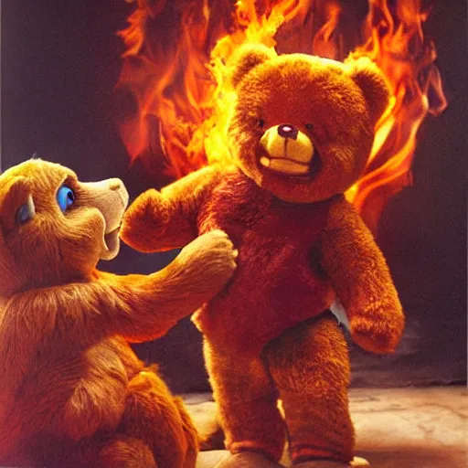 Prompt: candid photo of flaming Teddy Ruxpin, punching Smokey The Bear by Annie Leibowitz, photorealisitc, extremely detailed