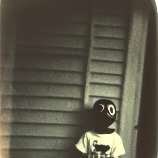 Image similar to found polaroid on a table. picture of a young child with a scary mask on a front porch. dark and spooky, flash photography