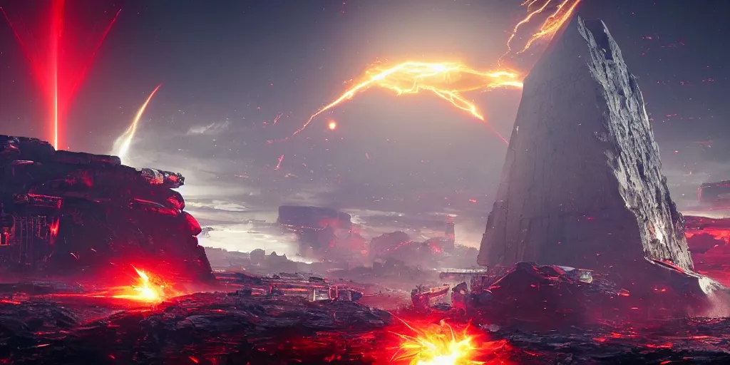 Image similar to a huge towering and broken stone tablet with red light + alien pattern + an abandoned spaceship, stands in the center of a prosperous city at the end of the world, and the power and energy is explode, secret, mysterious, doomsday, landscape, video game control, quantum break, arknights,