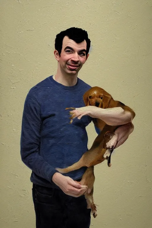 Prompt: painting by jon hale of nathan fielder holding pupper strings, masterminding, paint streaks, action lines!!!, visible texture, blurry, blurred